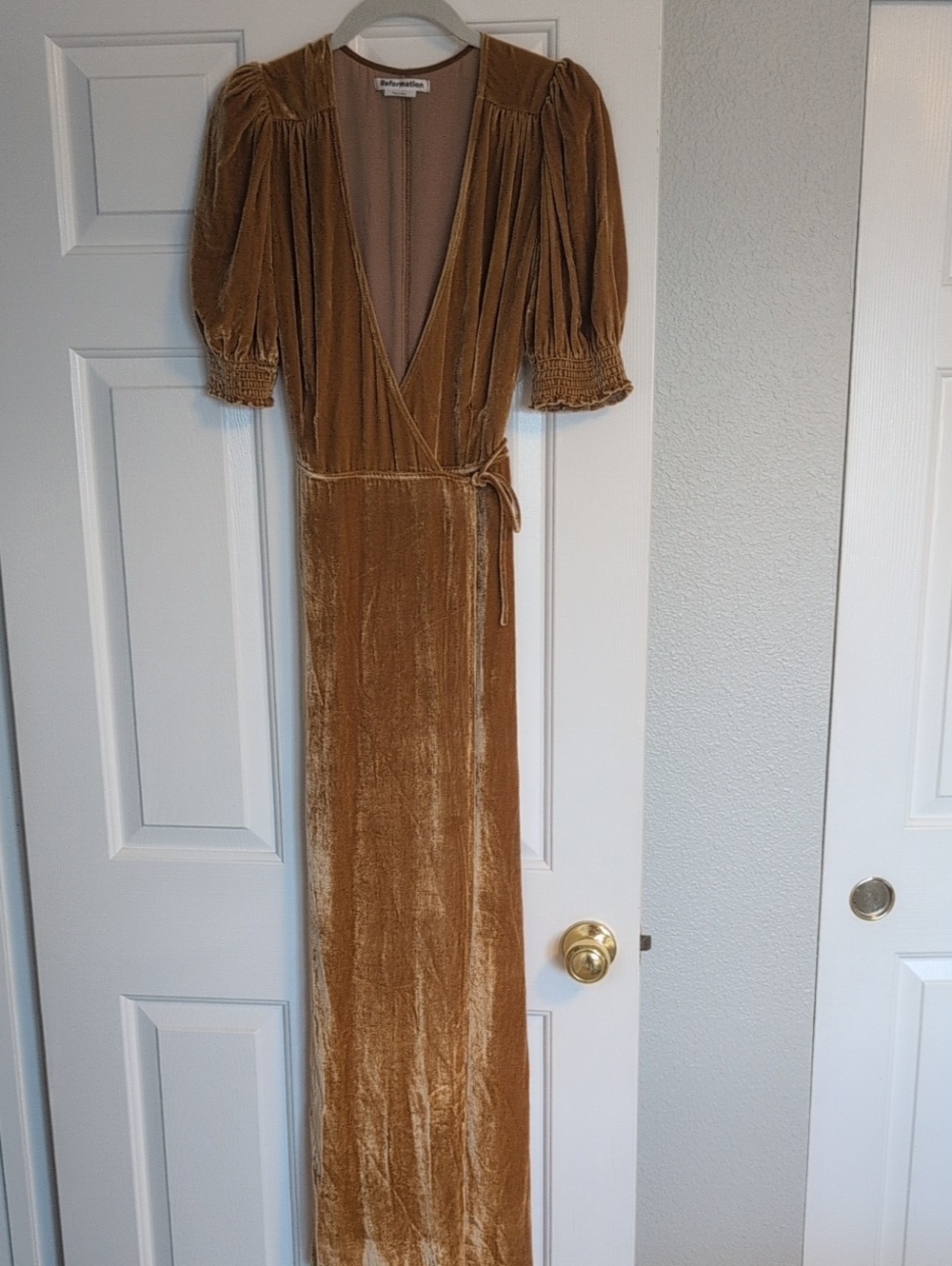 Reformation Camel Velvet Wrap Midi Dress